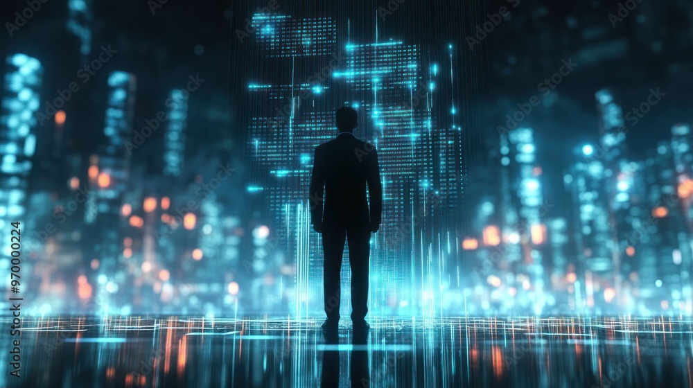 Silhouetted Figure Standing Before a Digital Cityscape Silhouetted Figure Standing Before a Digital Cityscape