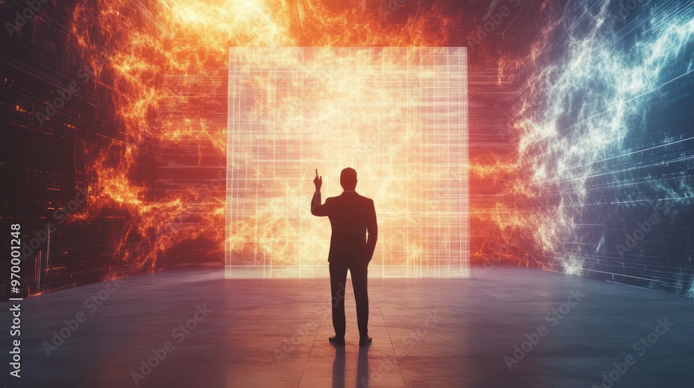 A Businessman Interacting with a Holographic Interface in a Futuristic Setting A Businessman Interacting with a Holographic Interface in a Futuristic Setting