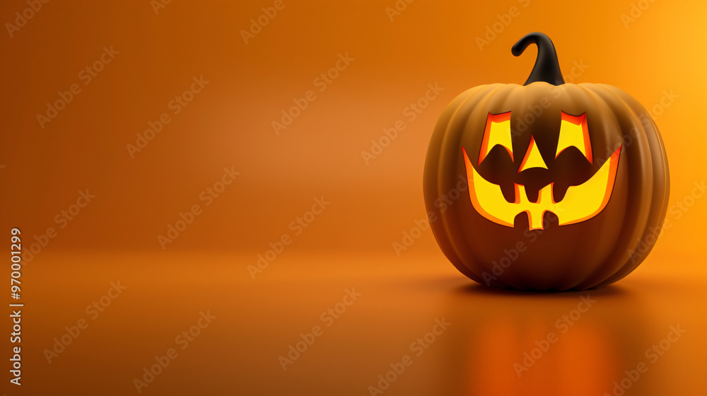 A single illuminated jack-o-lantern with a carved face glowing on a bright orange background A single illuminated jack-o-lantern with a carved face glowing on a bright orange background