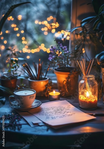 Cozy workspace with plants, warm light, and a cup of coffee during a tranquil...