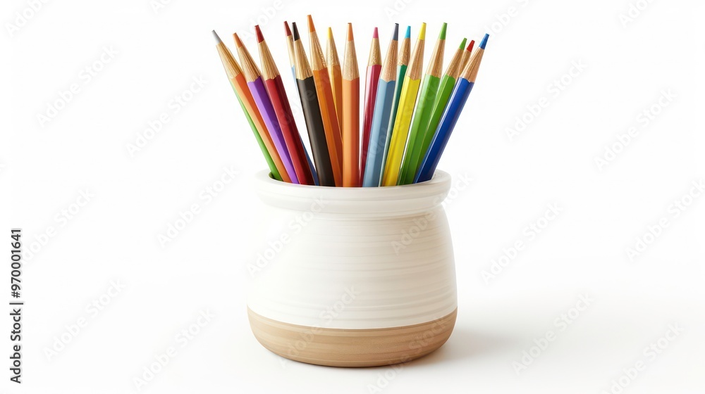 Fototapeta premium A ceramic vase with a white and brown glaze holds a variety of colored pencils on a white background.