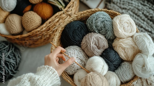 Cozy knitting session with various yarns in a warm, inviting indoor setting d...