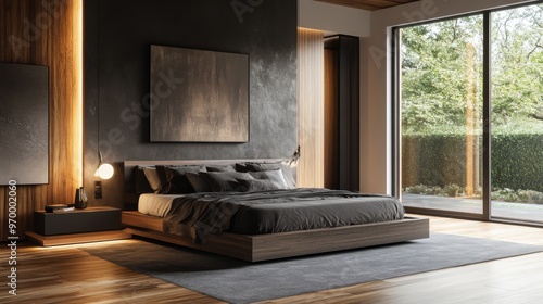 Modern minimalist bedroom with large windows and natural lighting during the day
