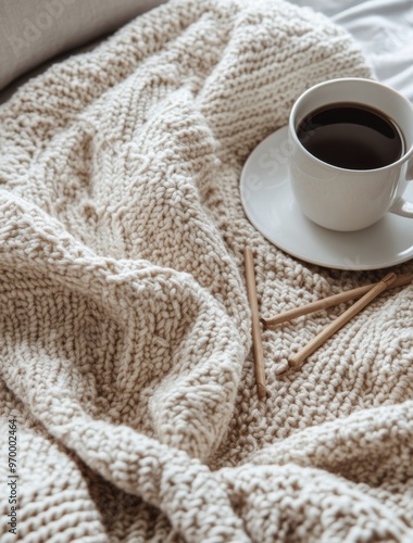 Cozy cup of coffee on knitted blanket with wooden knitting needles resting ne...