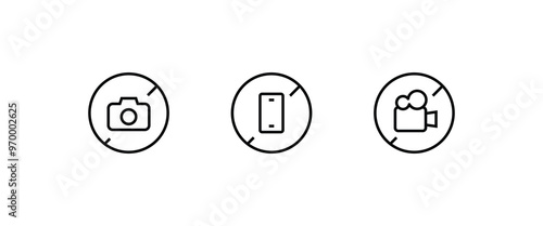Photo, video and phone prohibition symbol sign set. No photographing and filming prohibit line and flat icons set, editable stroke isolated on white, linear vector outline illustration, symbol logo