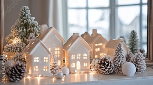 Decorative winter village with illuminated houses and holiday accents on a co...