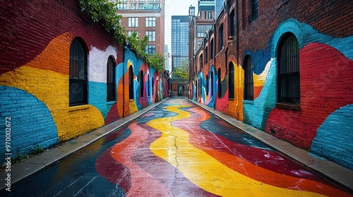   A street with murals on one side and buildings on the other