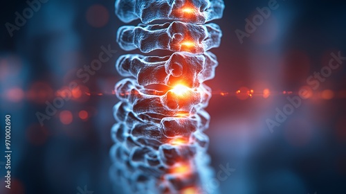 Close-up of a glowing human spine with orange and blue lights, rendered in 3D. photo