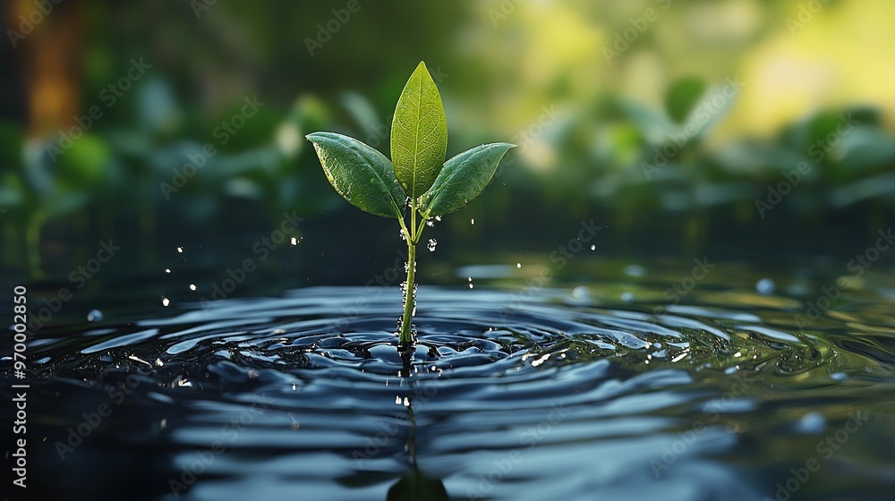 A zoomed-in image of a water droplet containing a small green plant growing from its top A zoomed-in image of a water droplet containing a small green plant growing from its top