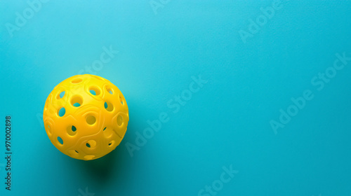 Bright yellow pickleball or whiffle ball on a solid aqua blue flat lay background, symbolizing sports and activity with copy space. photo