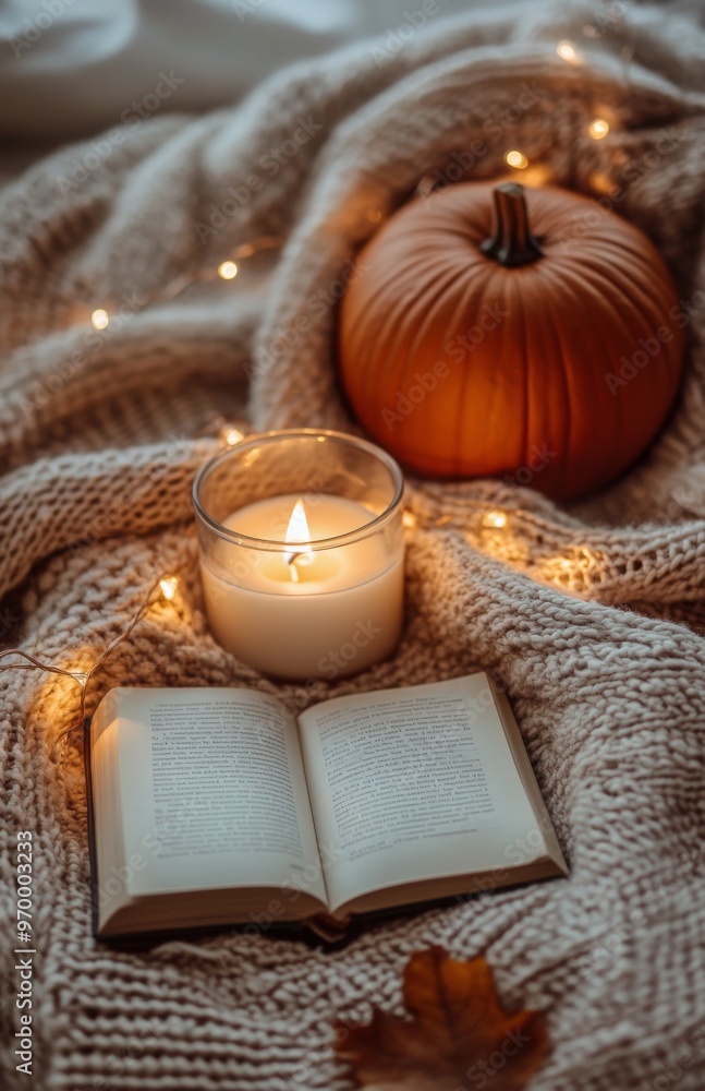 Cozy autumn evening with a pumpkin, candle, and an open book by the window on a warm blanket Cozy autumn evening with a pumpkin, candle, and an open book by the window on a warm blanket
