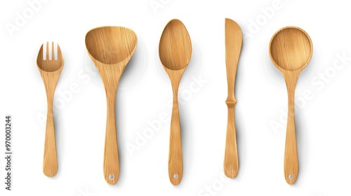 Five wooden utensils, including a fork, two spoons, and two spatulas, are isolated on a white background.