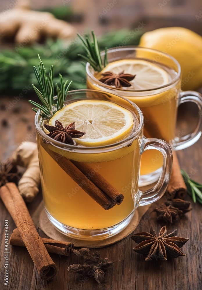 Warm spiced beverage with lemon and cinnamon served on a rustic wooden board surrounded by herbs Warm spiced beverage with lemon and cinnamon served on a rustic wooden board surrounded by herbs