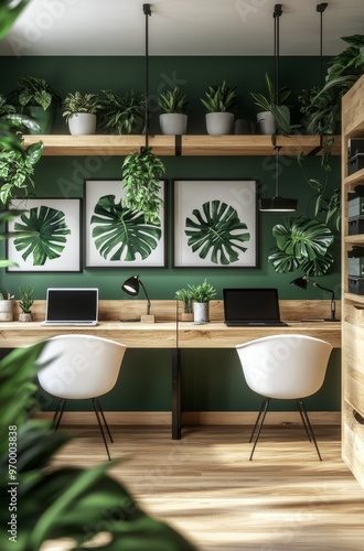 Modern office workspace with lush greenery and stylish decor in a contemporar...