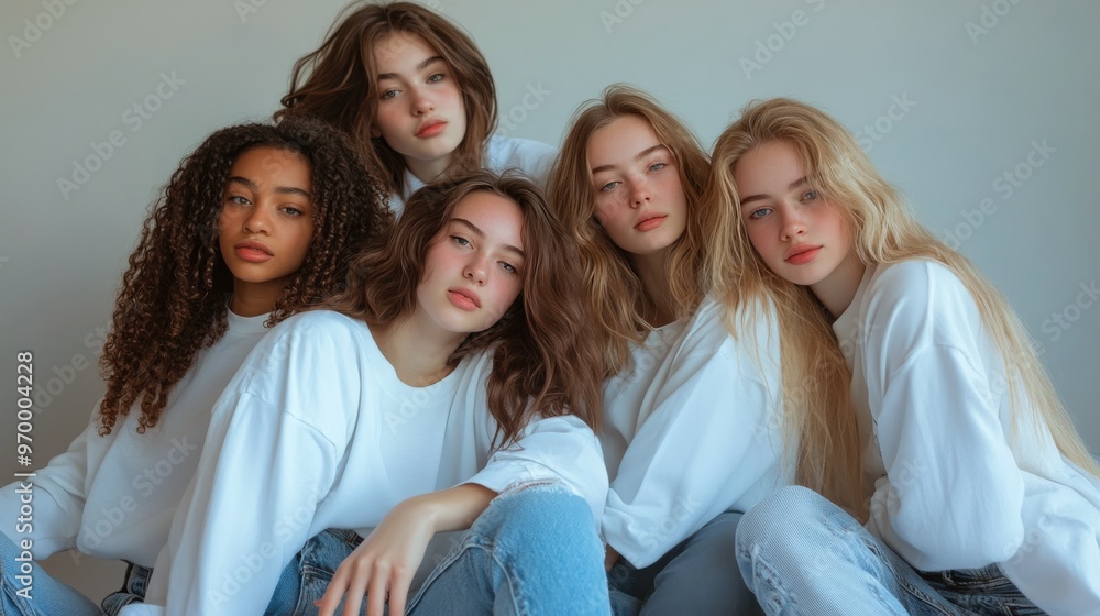 Fototapeta premium Group of five young women in white shirts and denim posing together against a neutral background