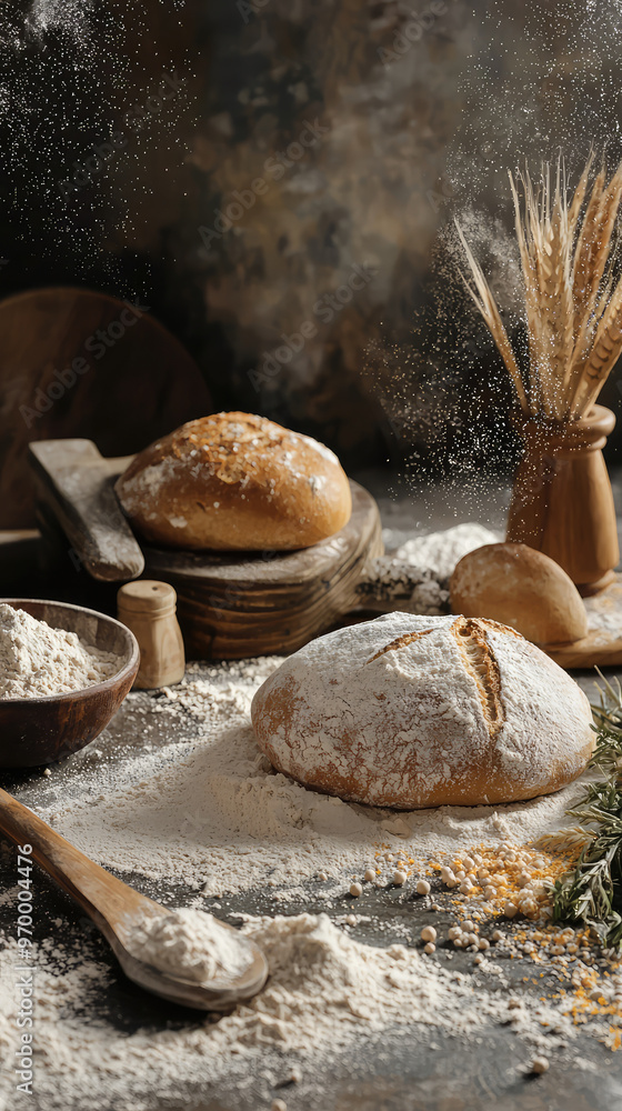 Freshly baked bread surrounded by flour and wheat, capturing essence of baking Freshly baked bread surrounded by flour and wheat, capturing essence of baking