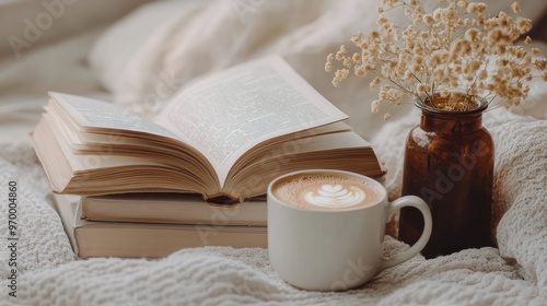 Cozy reading nook with vintage books, a cup of coffee, and fresh flowers in soft morning light photo