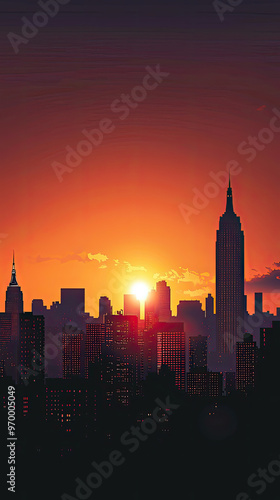 A stunning city skyline at sunset, showcasing vibrant colors and silhouettes