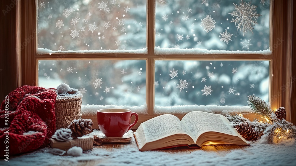 Cozy winter scene evokes the warmth and comfort of home during the festive season, with a teacup, book, sweater, and snow-laden window creating a tranquil ambiance. Ideal for Christmas Cozy winter scene evokes the warmth and comfort of home during the festive season, with a teacup, book, sweater, and snow-laden window creating a tranquil ambiance. Ideal for Christmas