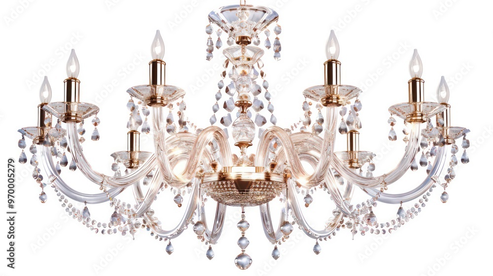 Elegant crystal chandelier with gold accents and 8 light bulbs hanging from a white background. Elegant crystal chandelier with gold accents and 8 light bulbs hanging from a white background.