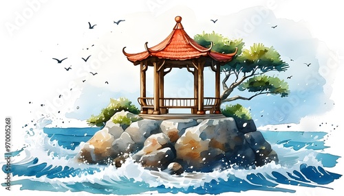 Whimsical watercolor illustration of a gazebo on an oceanic island embraced by gentle waves, set against a clean white background. photo