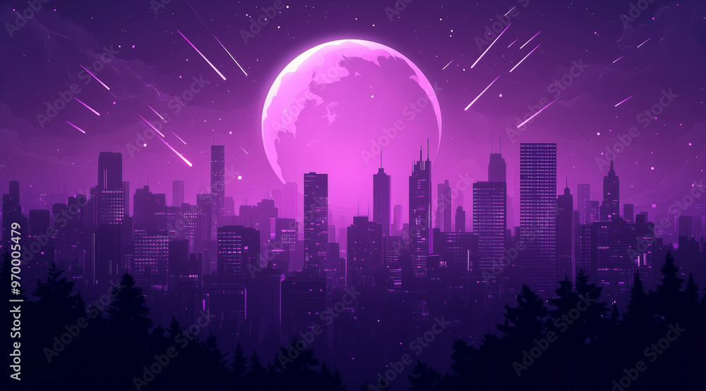 Fototapeta premium Monochrome purple silhouette city landscape with big moon and shooting stars. Dream cityscape 4k loop animation video on cartoon or anime style. anime illustrations 