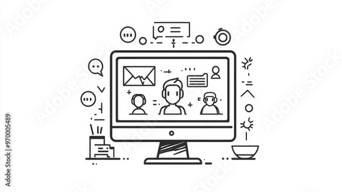 Wallpaper Mural Online video meeting computer monitor vector icon. Editable black and white image. Simple thin line art illustration for digital design. Torontodigital.ca