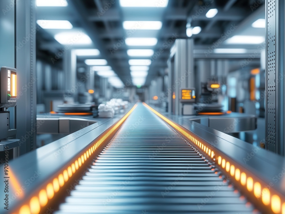 Fototapeta premium An automated conveyor belt system transporting products in a futuristic factory Efficiency and precision in a bright