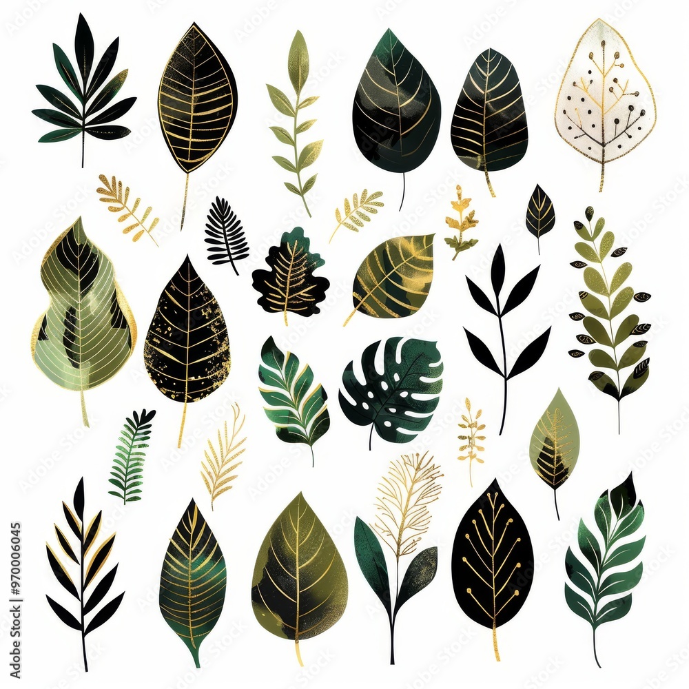 Fototapeta premium various botanical leaf silhouettes, arranged artistically on a white background.