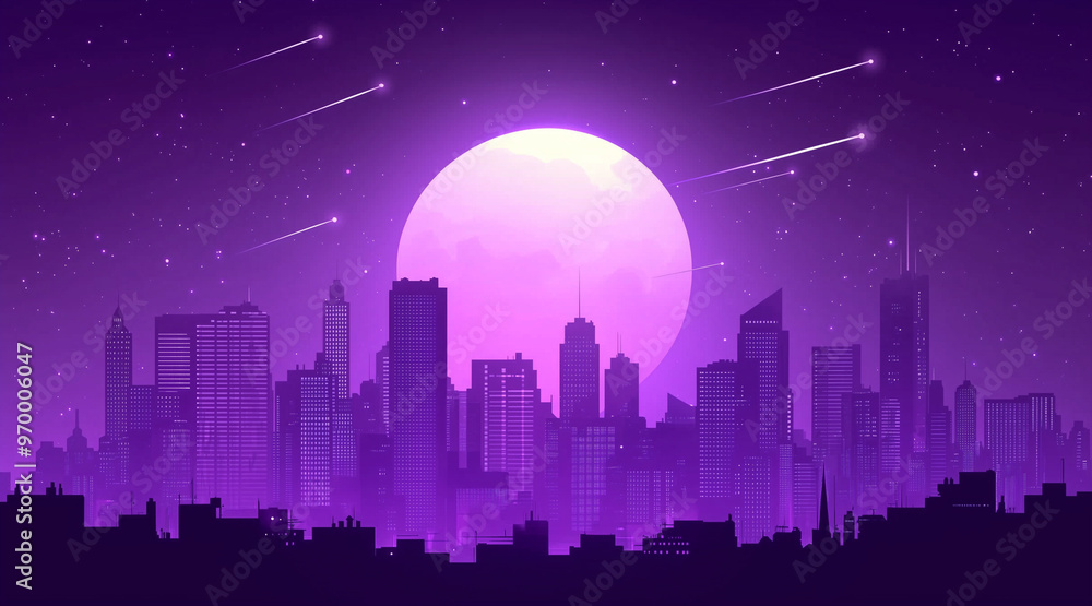 Fototapeta premium Monochrome purple silhouette city landscape with big moon and shooting stars. Dream cityscape 4k loop animation video on cartoon or anime style. anime illustrations 
