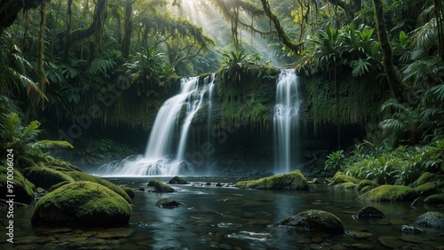 Breathtaking jungle waterfall cascading into a serene pond with lush greenery and sunlight rays