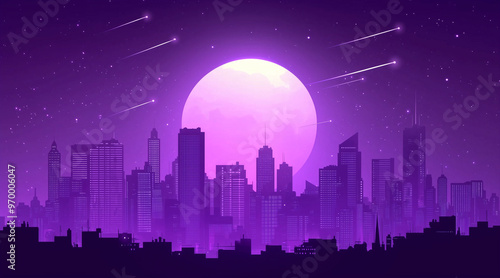 Monochrome purple silhouette city landscape with big moon and shooting stars. Dream cityscape 4k loop animation video on cartoon or anime style. anime illustrations