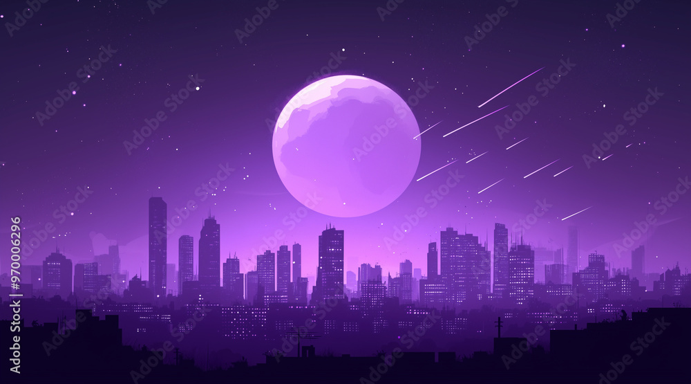 Fototapeta premium Monochrome purple silhouette city landscape with big moon and shooting stars. Dream cityscape 4k loop animation video on cartoon or anime style. anime illustrations 