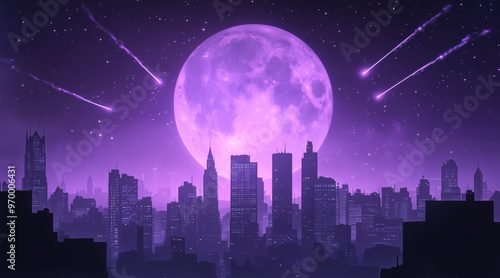 Monochrome purple silhouette city landscape with big moon and shooting stars. Dream cityscape 4k loop animation video on cartoon or anime style. anime illustrations 