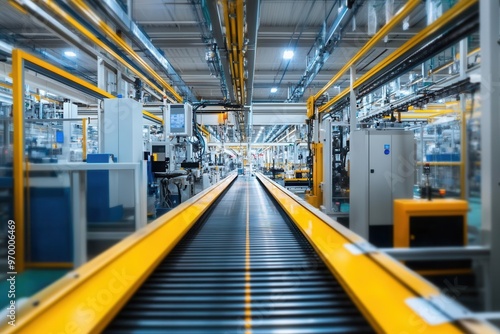 A modern industrial factory with an automated conveyor system showcasing advanced technology and efficiency in production.