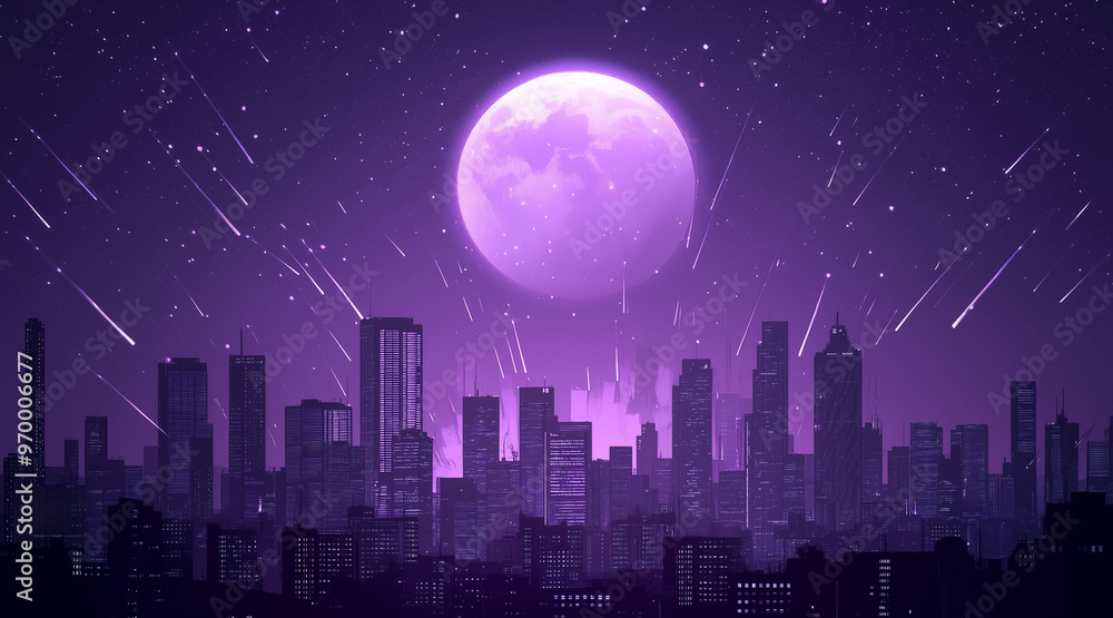 Naklejka premium Monochrome purple silhouette city landscape with big moon and shooting stars. Dream cityscape 4k loop animation video on cartoon or anime style. anime illustrations 