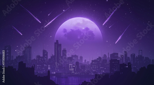 Monochrome purple silhouette city landscape with big moon and shooting stars. Dream cityscape 4k loop animation video on cartoon or anime style. anime illustrations 