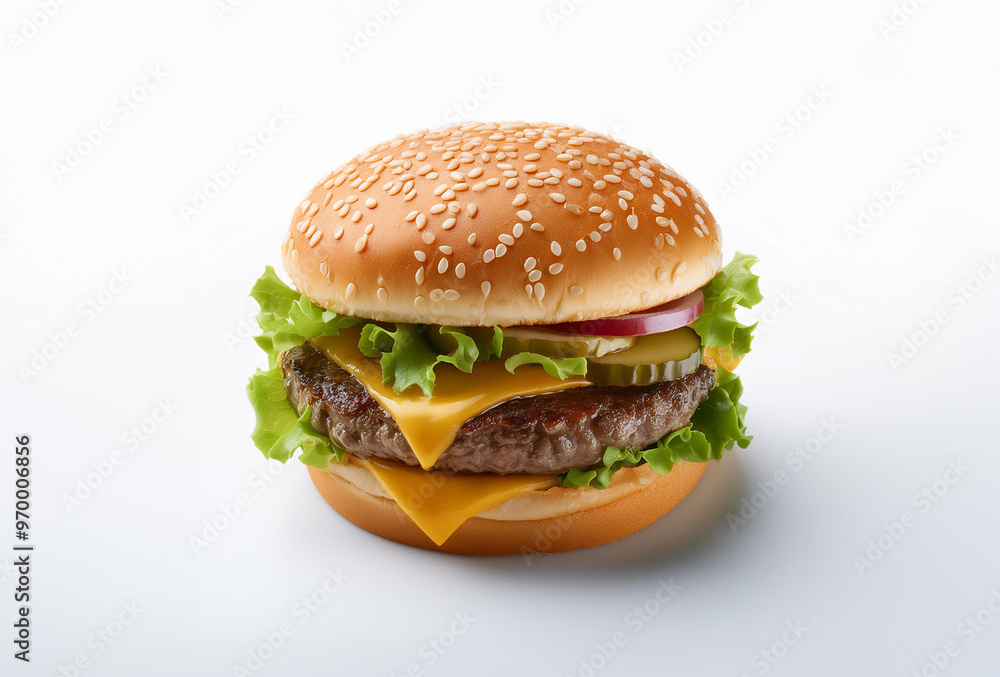 delicious beef burger, with melted cheese, lettuce and sesame bread on a white background delicious beef burger, with melted cheese, lettuce and sesame bread on a white background