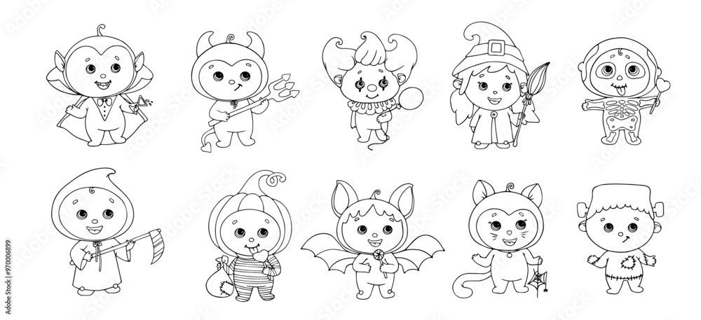 Collection of linear sketches, coloring pages of funny characters for Halloween. Vector graphics.