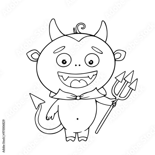 Line sketch, doodles of a funny devil character, a devil with a pitchfork. Halloween decoration. Vector graphics.