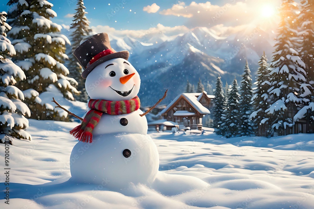 Obraz premium Smiling snowman against mountains, snowy forest and village background, christmas illustration - generative AI