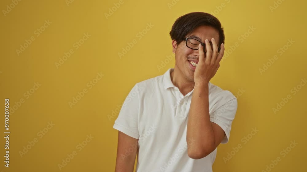 Young, chinese, man with glasses and white shirt standing in front of an isolated yellow background, covering face with hands in a playful or embarrassed manner Young, chinese, man with glasses and white shirt standing in front of an isolated yellow background, covering face with hands in a playful or embarrassed manner