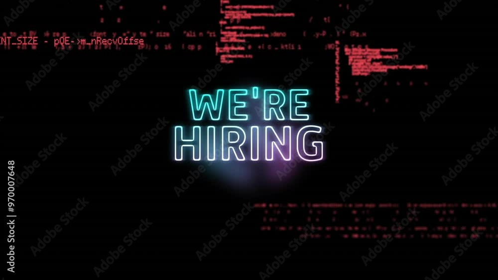 Animation of we're hiring neon text, data processing over black background Animation of we're hiring neon text, data processing over black background