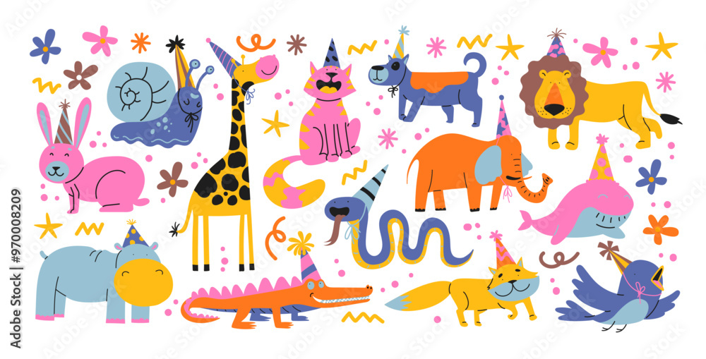 Obraz premium Festive pets happy birthday. Happy animals celebrate party with party hats on their heads. Cartoon stickers for cards, invitations and posters