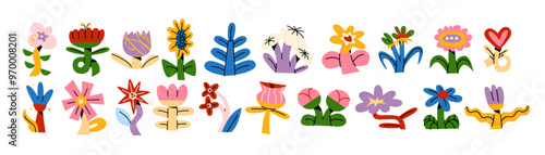 Botanical set of abstract flowers and plants. Organic floral doodles, leaves of different shapes. Trendy hippie funky shapes stickers 90s.