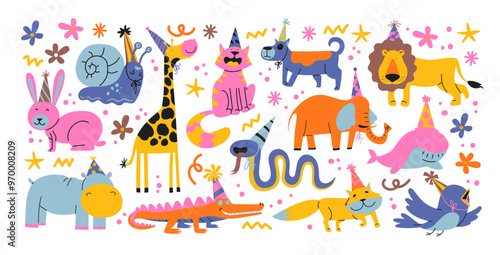Festive pets happy birthday. Happy animals celebrate party with party hats on their heads. Cartoon stickers for cards, invitations and posters