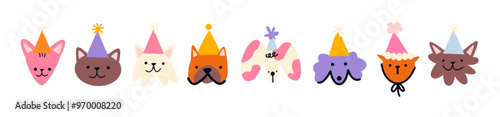 Cartoon birthday animals with caps on their heads in cartoon style. Holiday pets cats and dogs, happy birthday greetings. Vector set of funky stickers