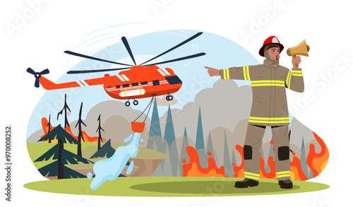Fire prevention concept. Man in uniform uses water hose to extinguish burning trees. Helicopter and rescuer fight against fire. Safety and protection. Flat vector illustration