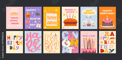 Happy Birthday cards in cartoon retro 90s style. Minimalist cards. Celebration congratulations posters with cakes and sweets. Vector bright template for party, event.