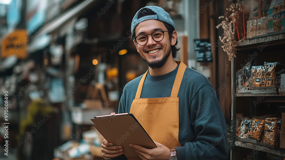 A man wearing a hat and apron is smiling and holding a clipboard A man wearing a hat and apron is smiling and holding a clipboard